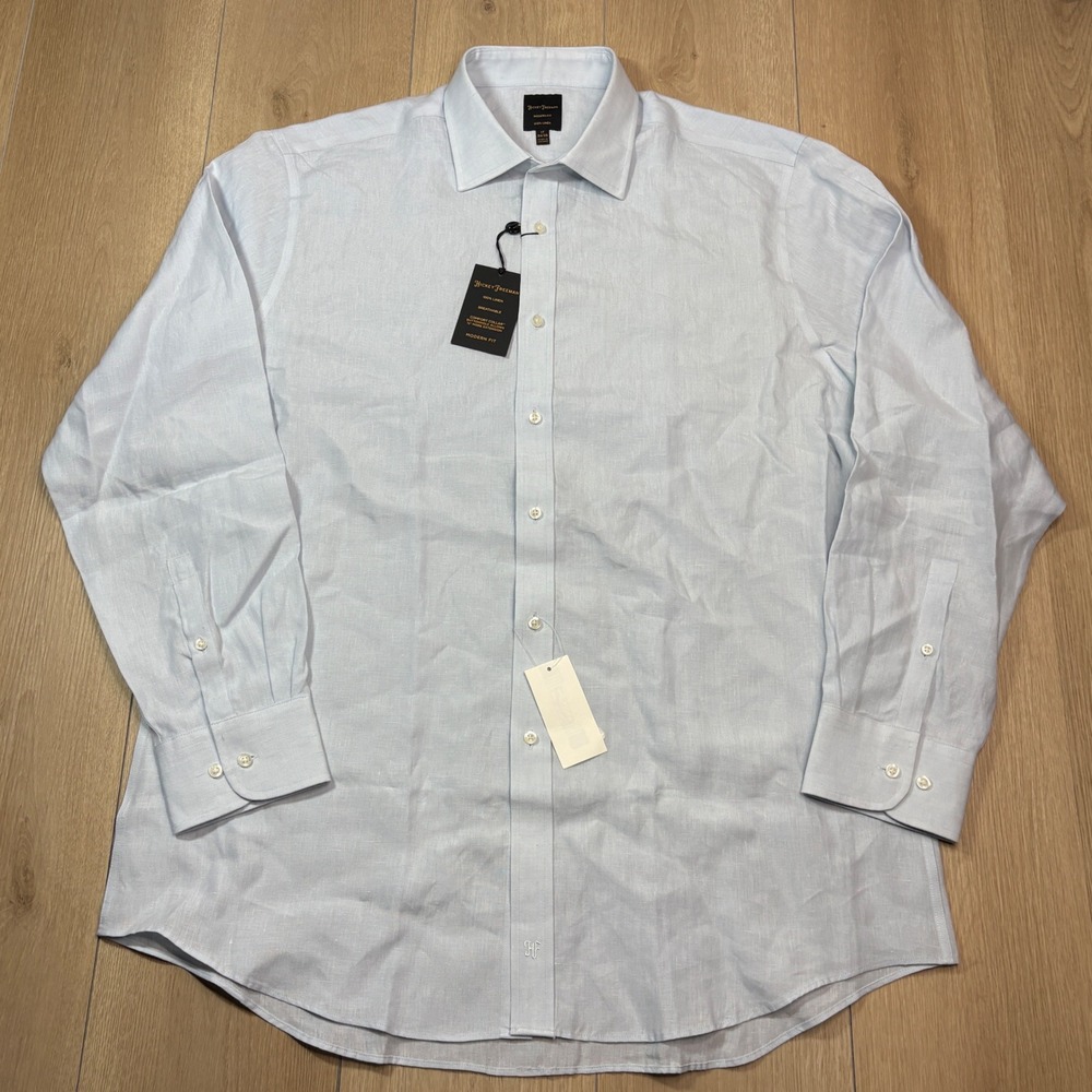 Hickey Freeman Mens 17 34/35 Linen Dress Shirt Light Blue Modern Fit NWT